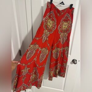 Ettitwa Anthropologie Red Wide Leg Pants with Ornate Print